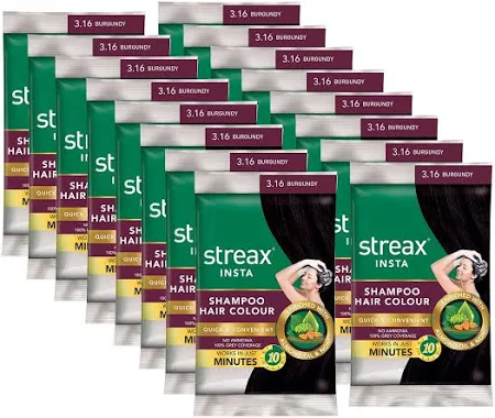 Streax Insta Shampoo Hair Colour for Men & Women (15 ml x 12 = 180 ml) , Burgundy