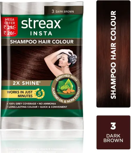 Streax Insta Shampoo Hair Colour for Men & Women (15 ml x 12 = 180 ml) , Dark Brown
